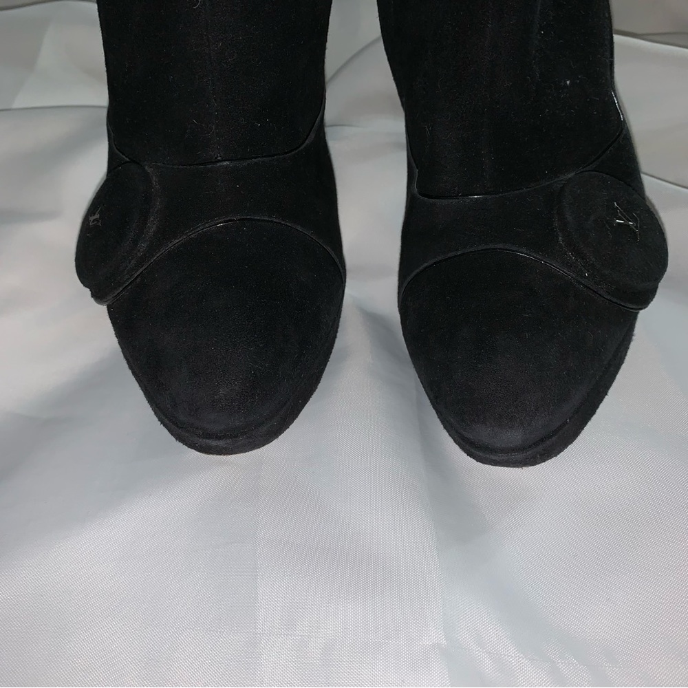 LOUIS VUITTON size 37.5 black SUEDE platform stilleto BOOTS w/patent leather - Picture 10 of 12